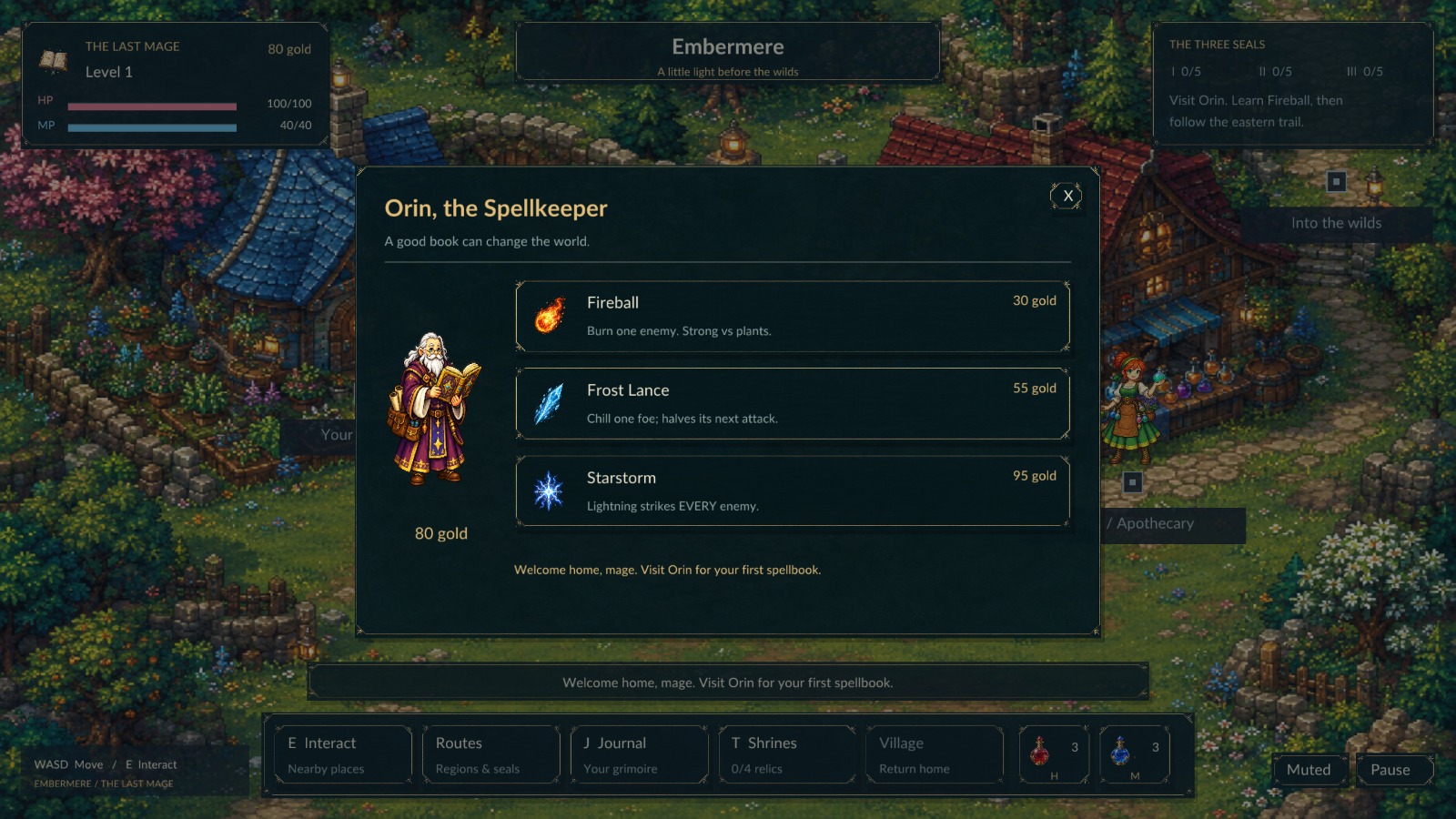 Orin's spellbook shop with Fireball, Frost Lance and Starstorm for sale