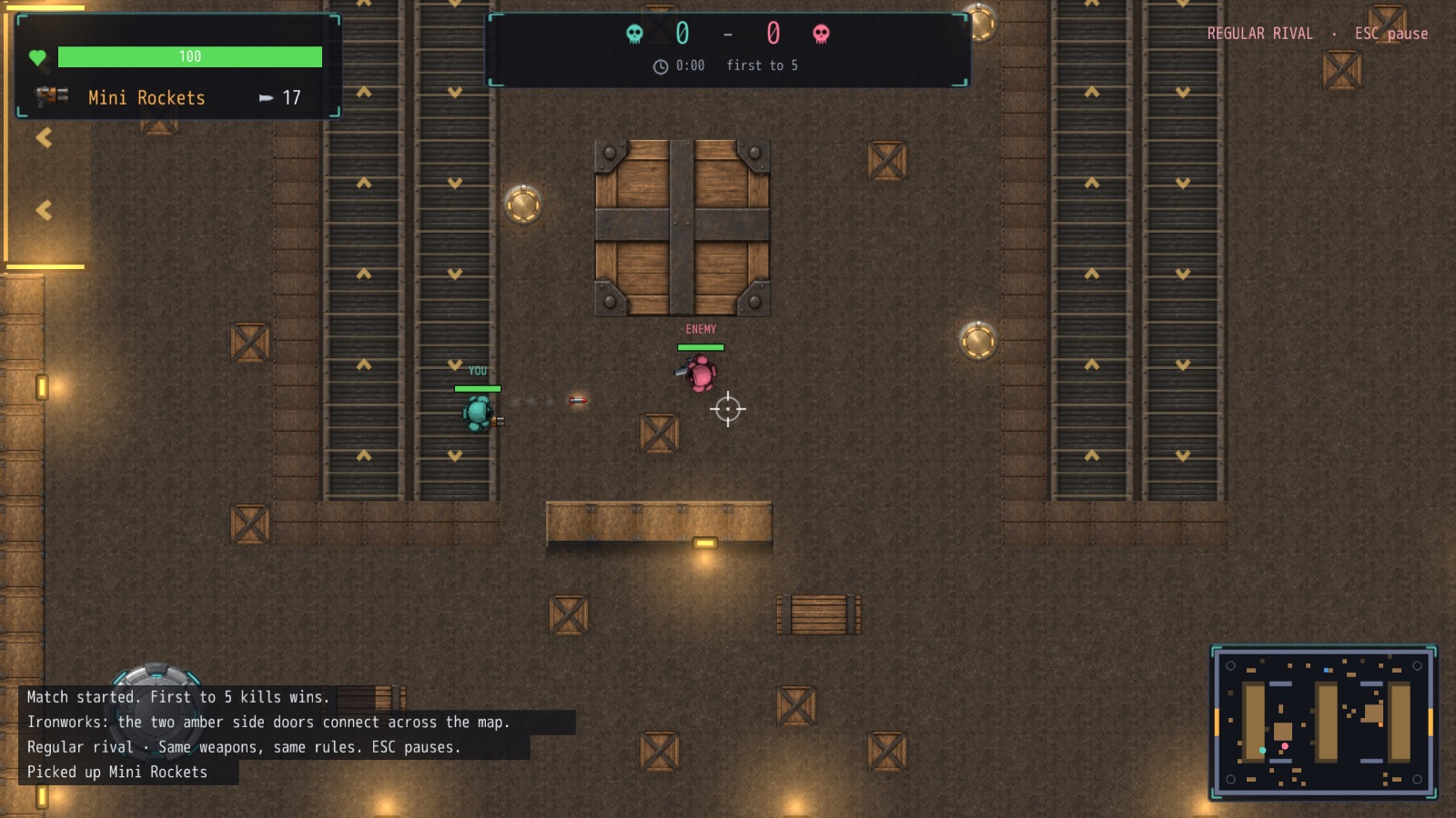 Mini Rockets fired during a staged Ironworks duel amid crates and conveyors