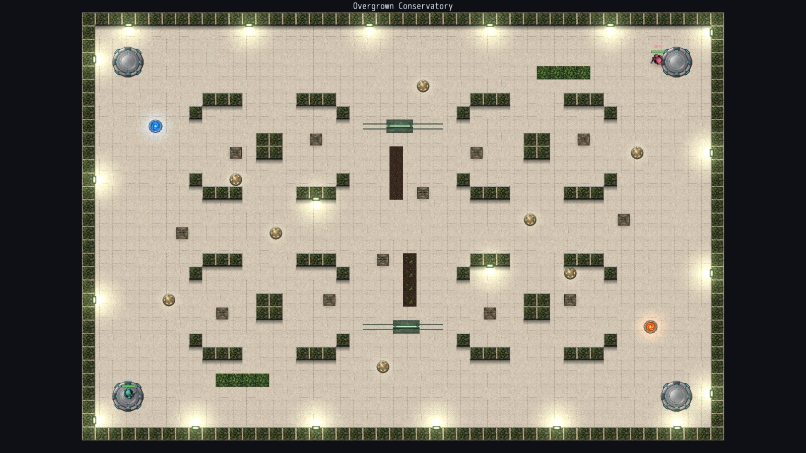 In-engine overview of the Overgrown Conservatory's plant beds and stone paths