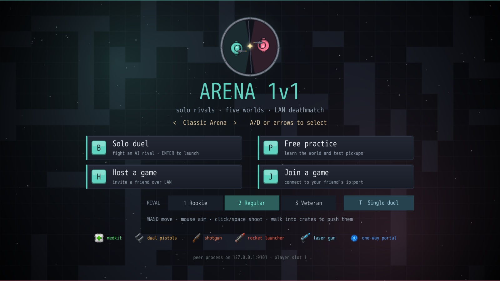 Arena's menu offers solo duel, empty practice, host and join, with rival and format choices