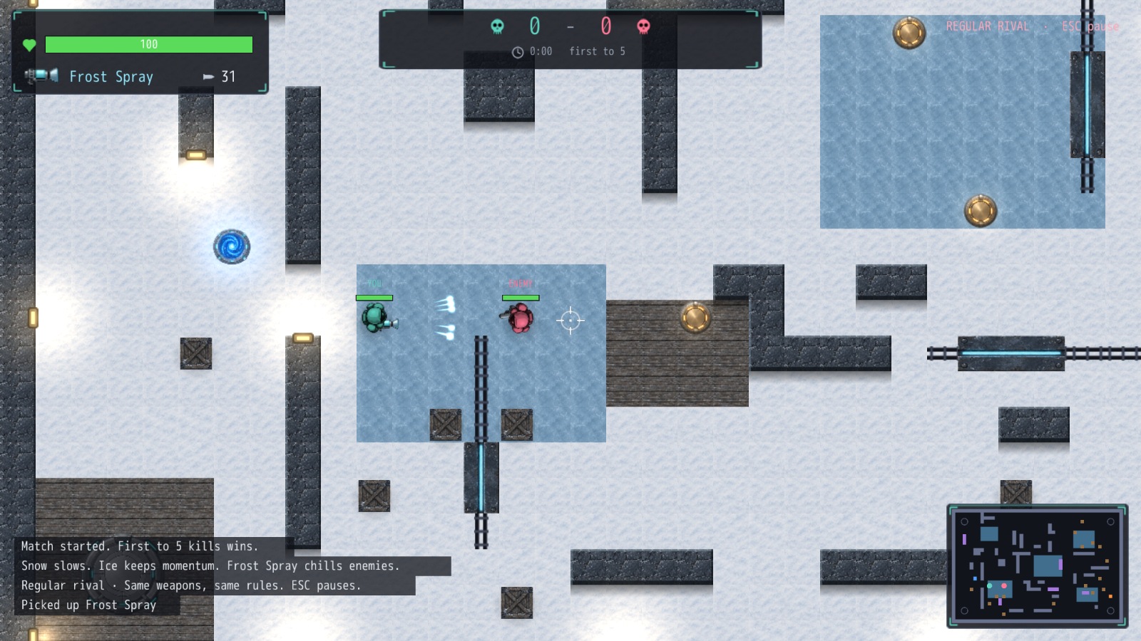 Frost Spray projectiles cross icy ground between two fighters in Snowfield