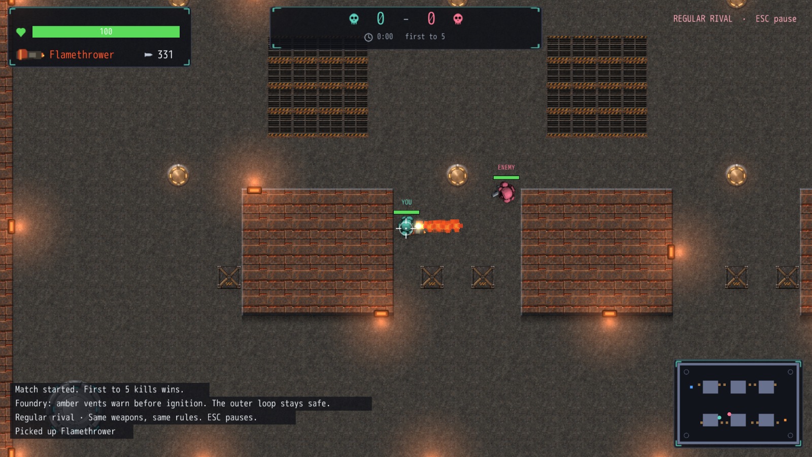 A teal fighter fires a flamethrower toward a rose rival in Cinder Foundry