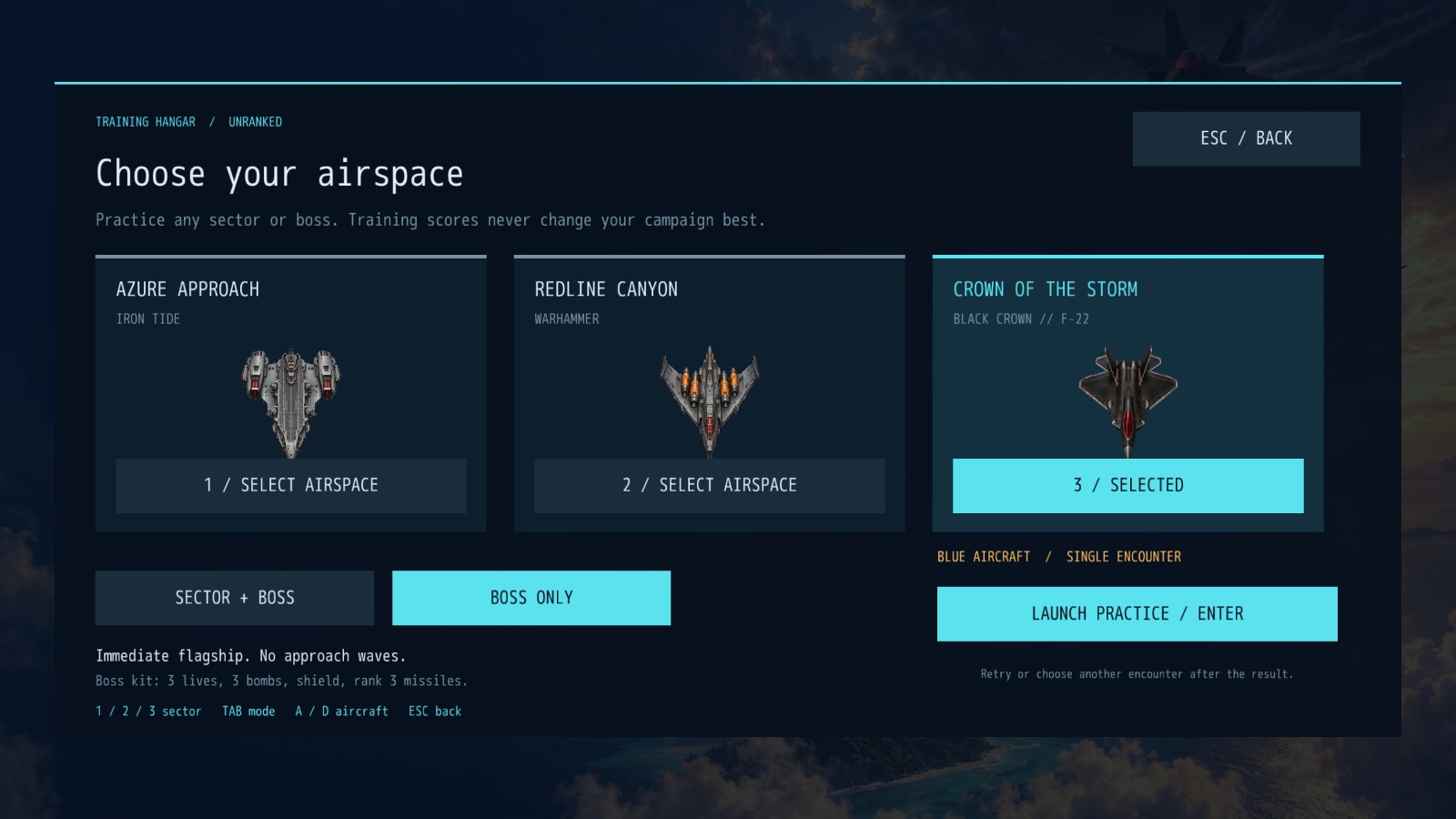 Actual training hangar with Black Crown boss-only practice selected.