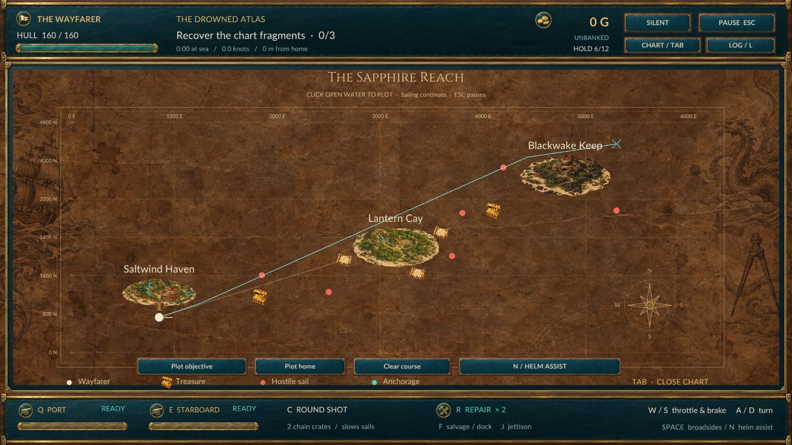 Parchment sea chart showing three islands and a plotted cyan route around their shoals