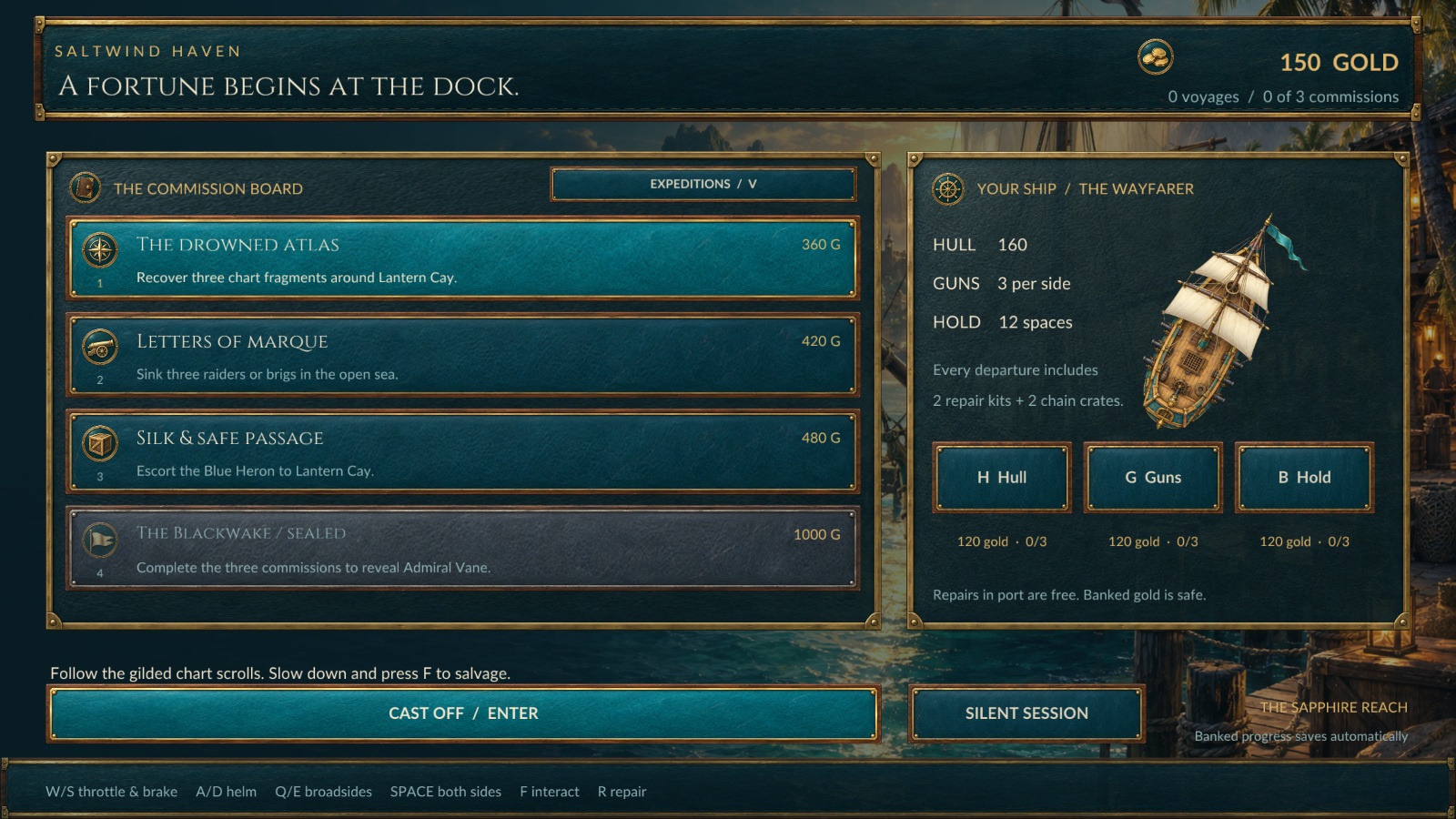 Saltwind Haven commission board, Wayfarer preview, and hull, gun and cargo-hold upgrades