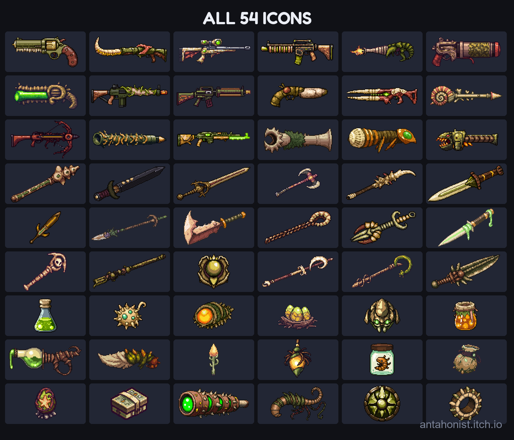 54 Alien Hive Weapons - Pixel Art Icons by Antahonist
