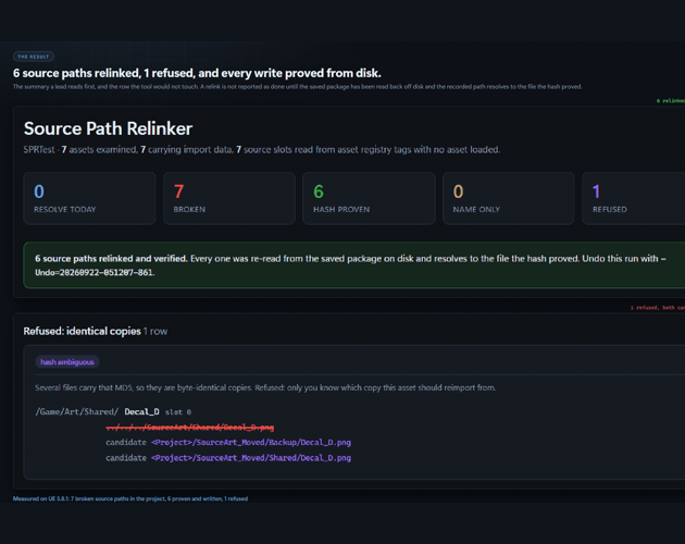Source Path Relinker matching assets by hash and rewriting their recorded source paths