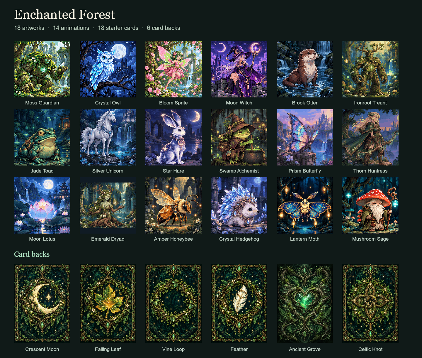 The included Enchanted Forest theme: all 18 woodland artworks and six card backs.