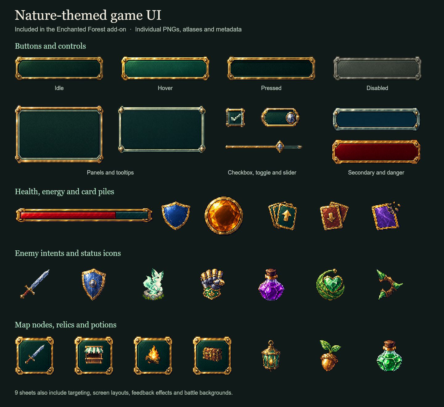 Included nature-themed game UI showing button states, panels, health and energy elements, status icons, map nodes, relics and potions.