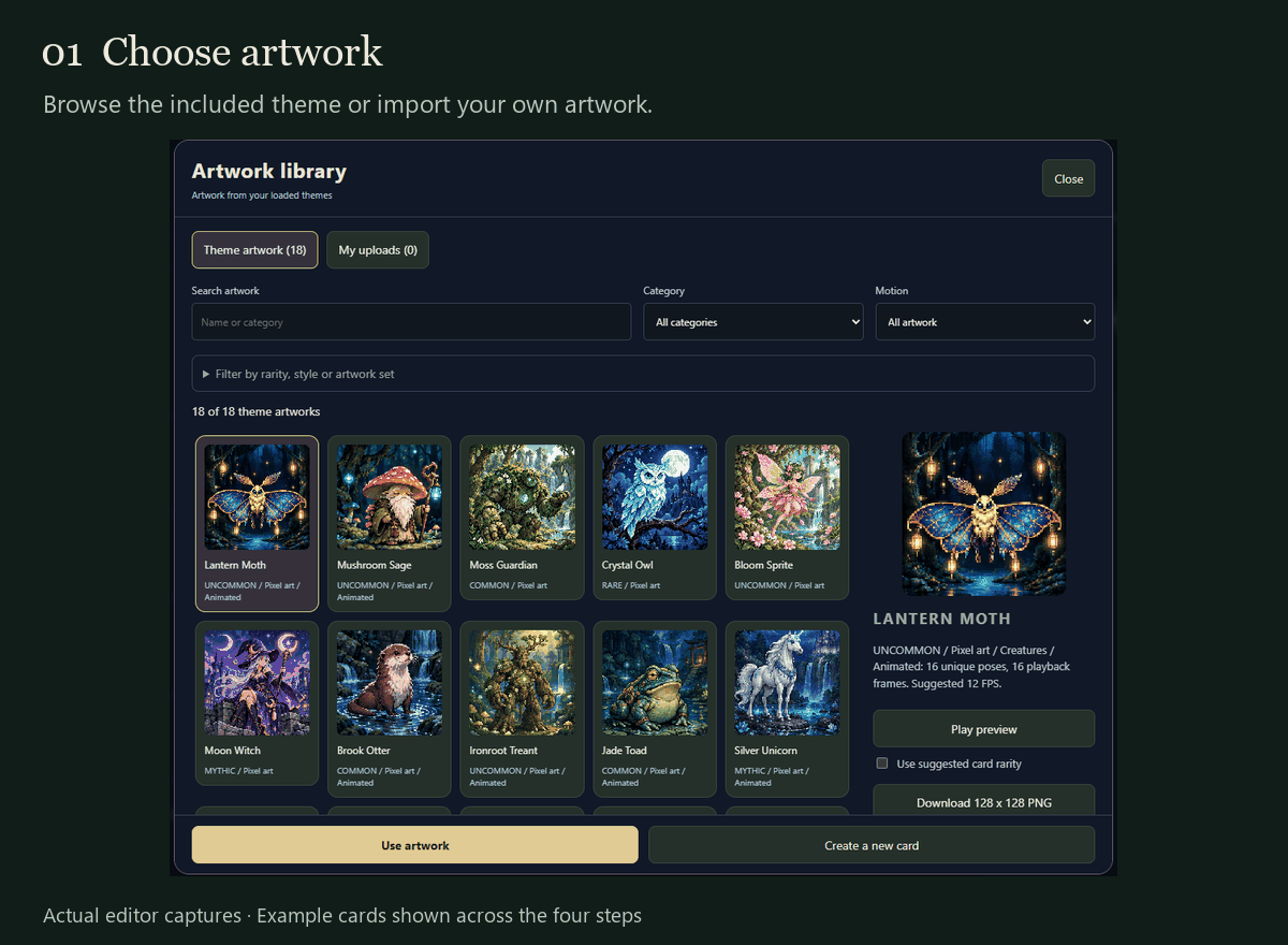 Four-step overview of the actual Card Workshop editor: choose artwork, edit text, set style and stats, and choose an export. Different example cards are shown across the steps.