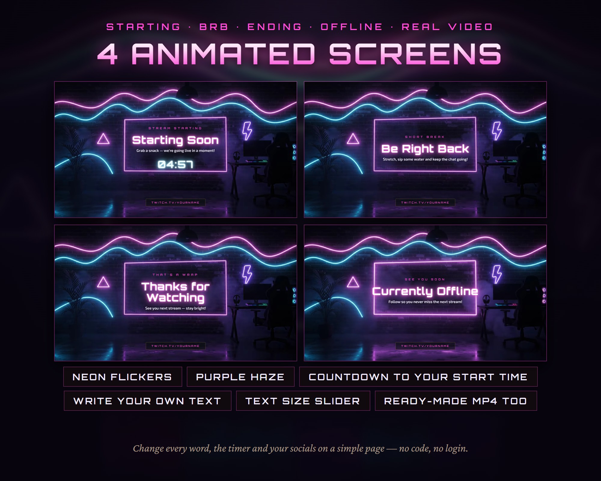 Neon Streamerr Neon Nights Twitch Starting Soon Screen, BRB, Ending & Offline ...