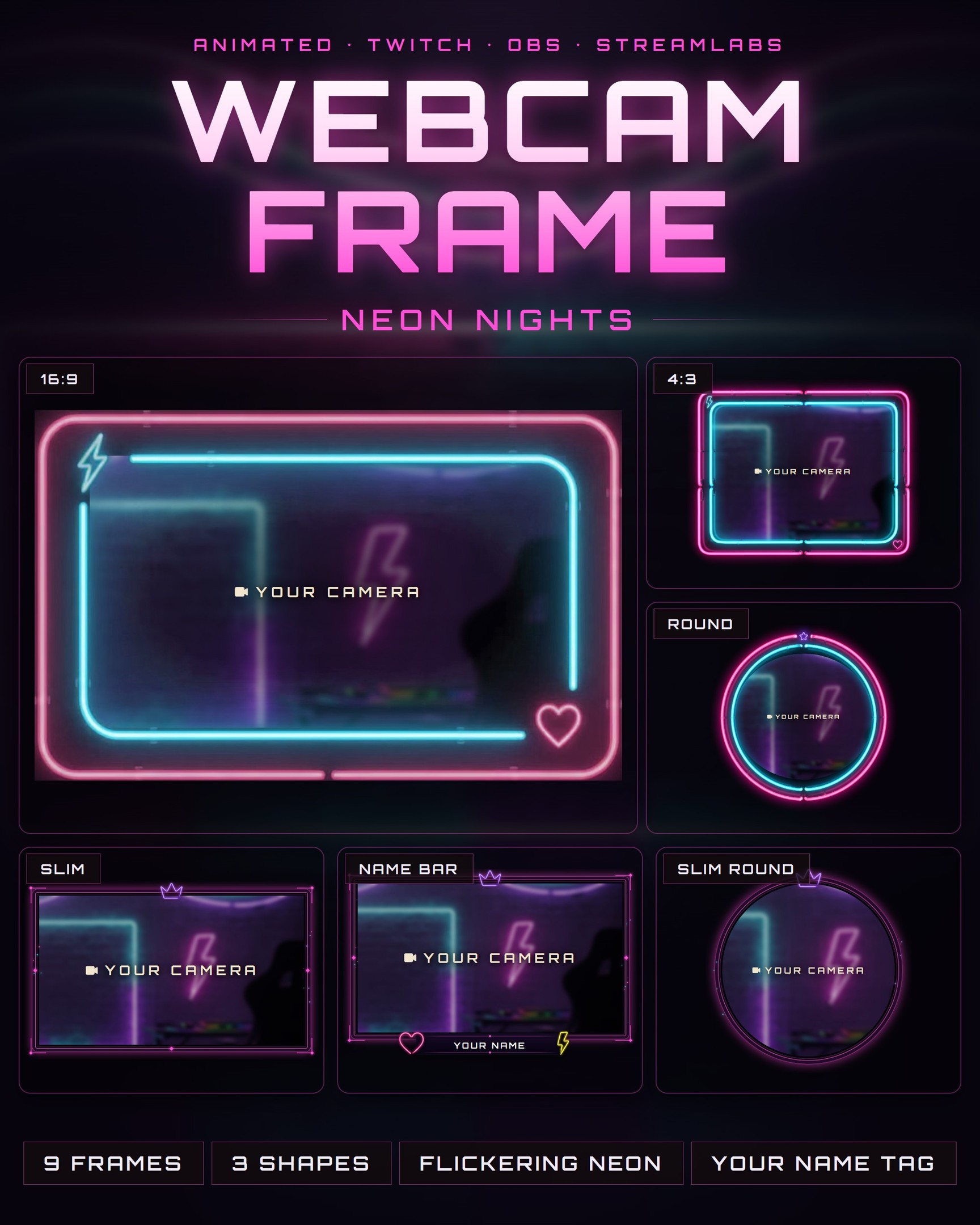 Neon Streamerr Neon Nights Animated Twitch Webcam Frame, Pink Cyan Neon Webcam Overlay ...