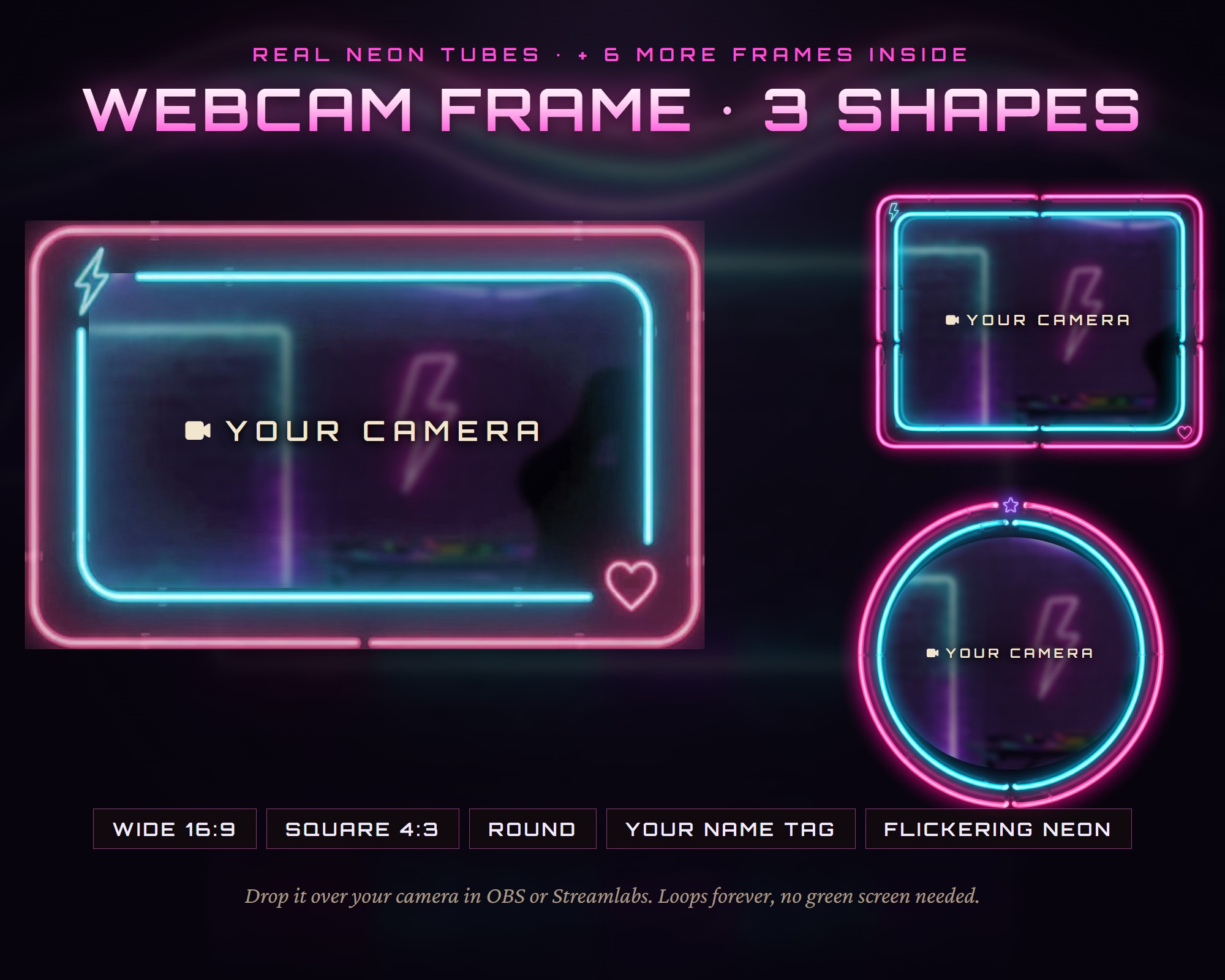 Neon Streamerr Neon Nights Animated Twitch Webcam Frame, Pink Cyan Neon Webcam Overlay ...