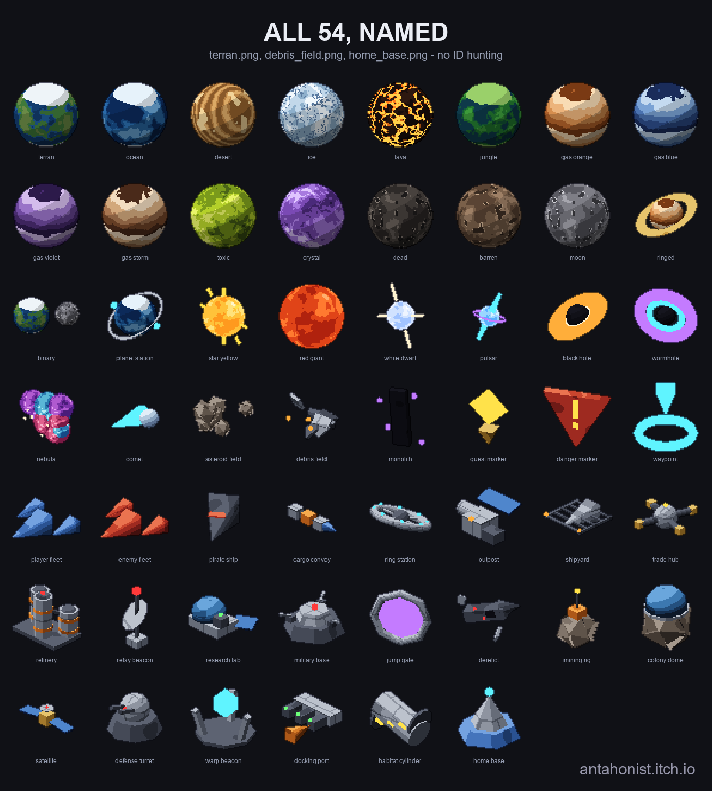 54 Pixel Star Map Icons - Planets & Stations by Antahonist