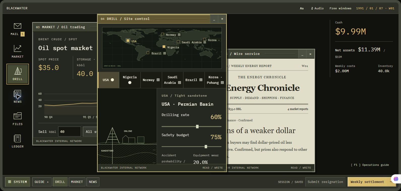 Real gameplay: overlapping oil market, drilling and newspaper windows