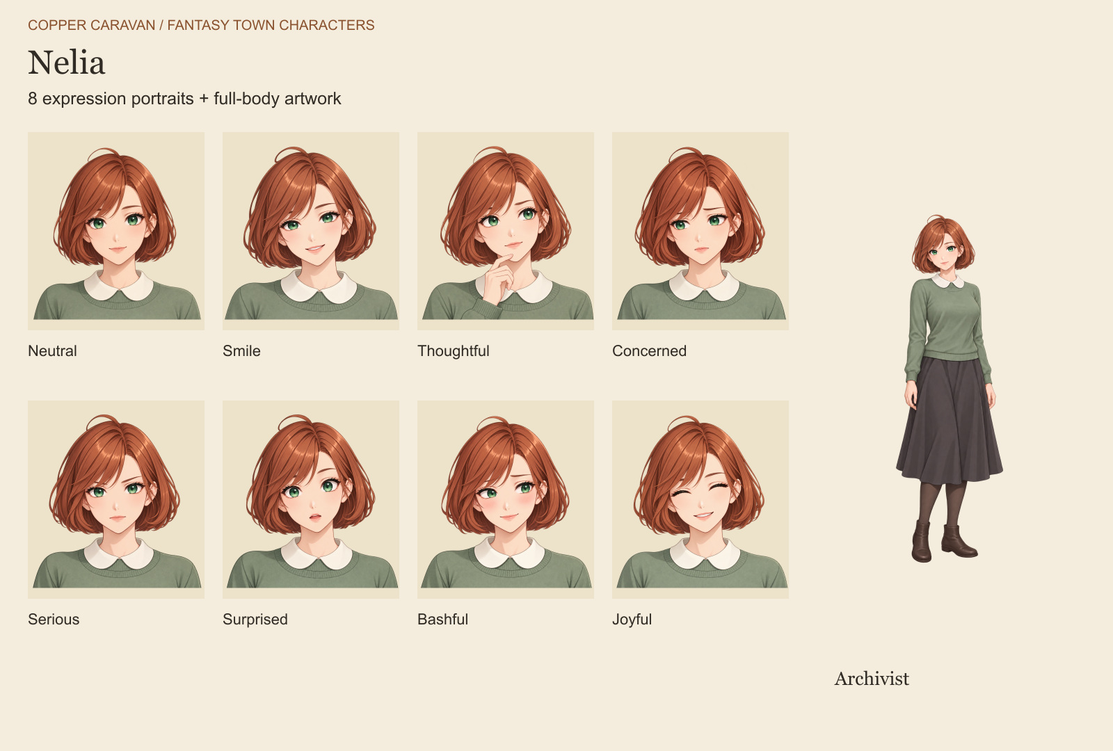 Fantasy Town Characters: Nelia’s eight expression portraits and full-body artwork