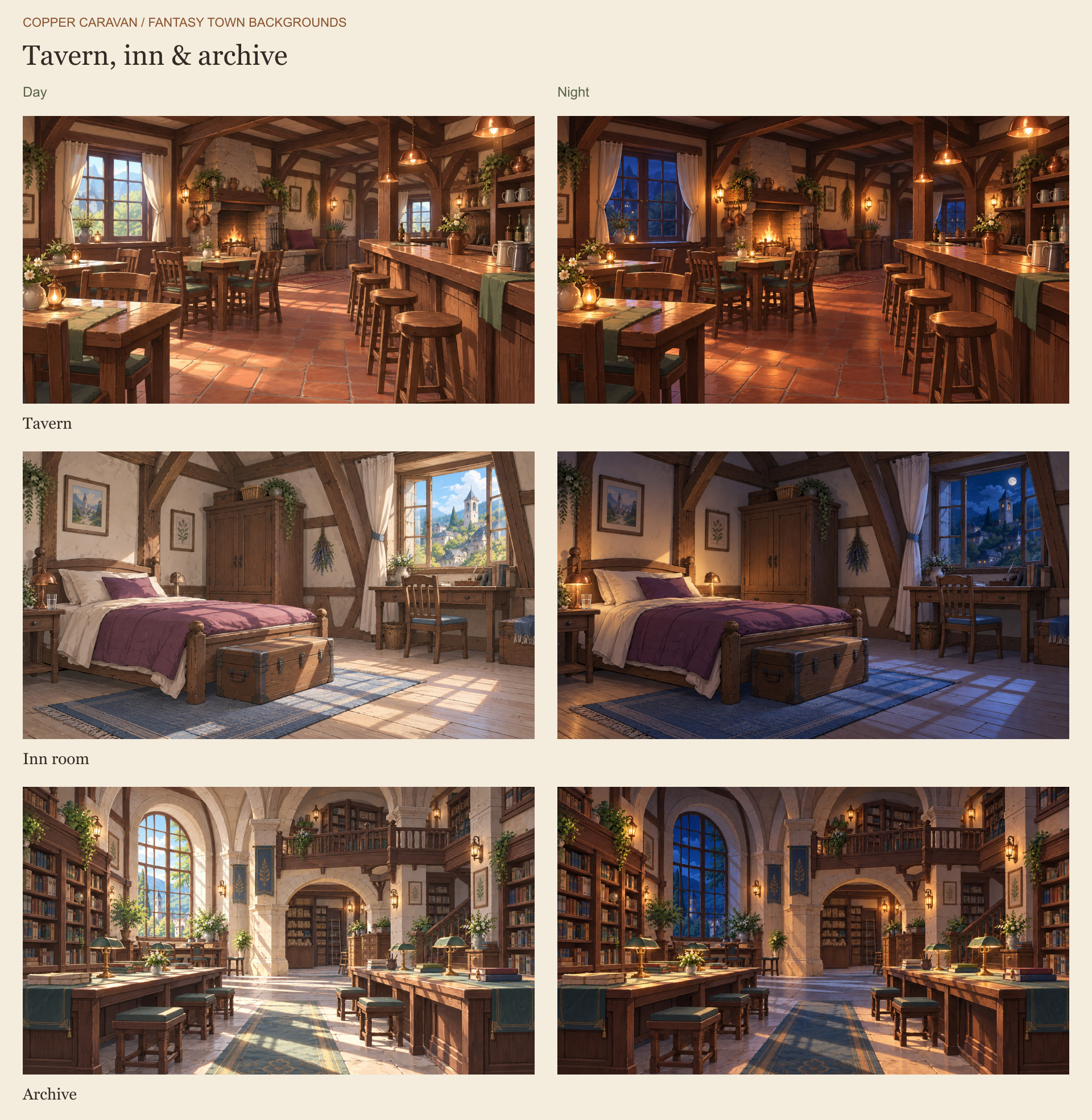 Tavern, inn room and archive, day and night
