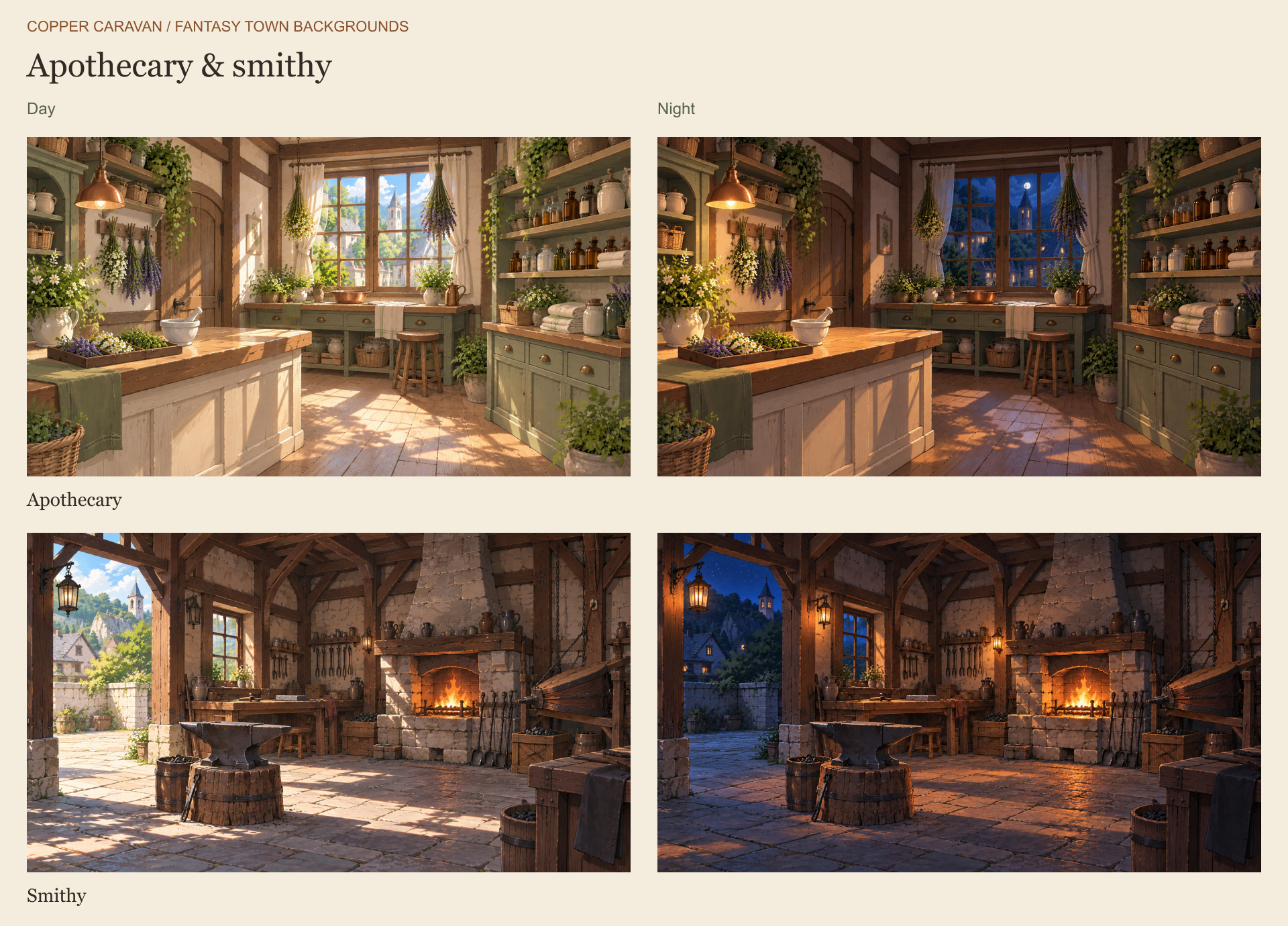Apothecary and smithy, day and night