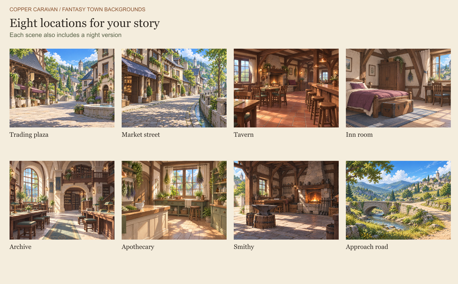 All eight included fantasy locations
