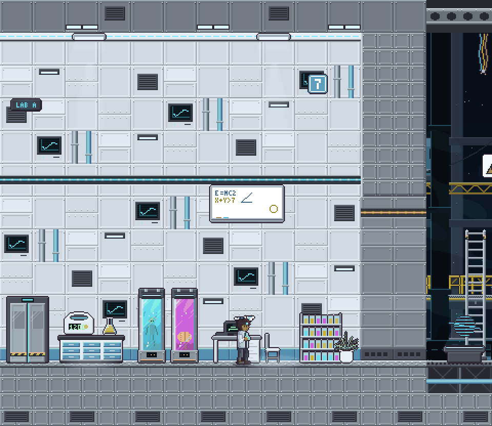 The white lab with specimen tanks and a chemist at work
