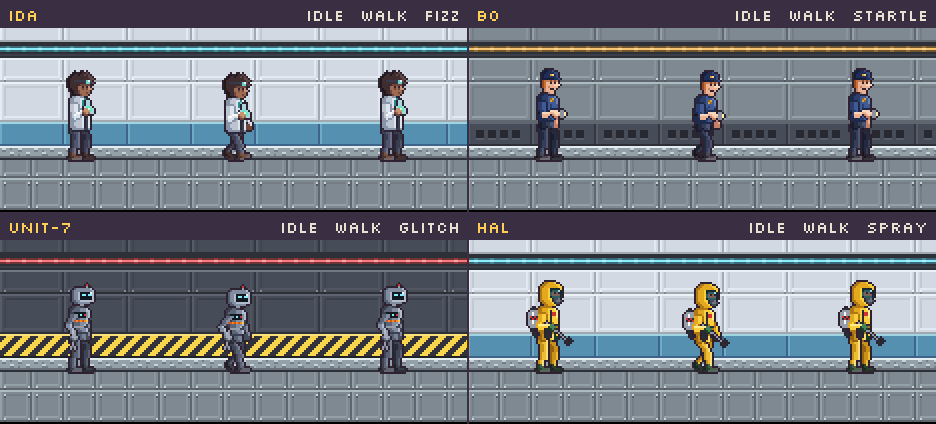 Four lab staff with idle, walk and quirk animations