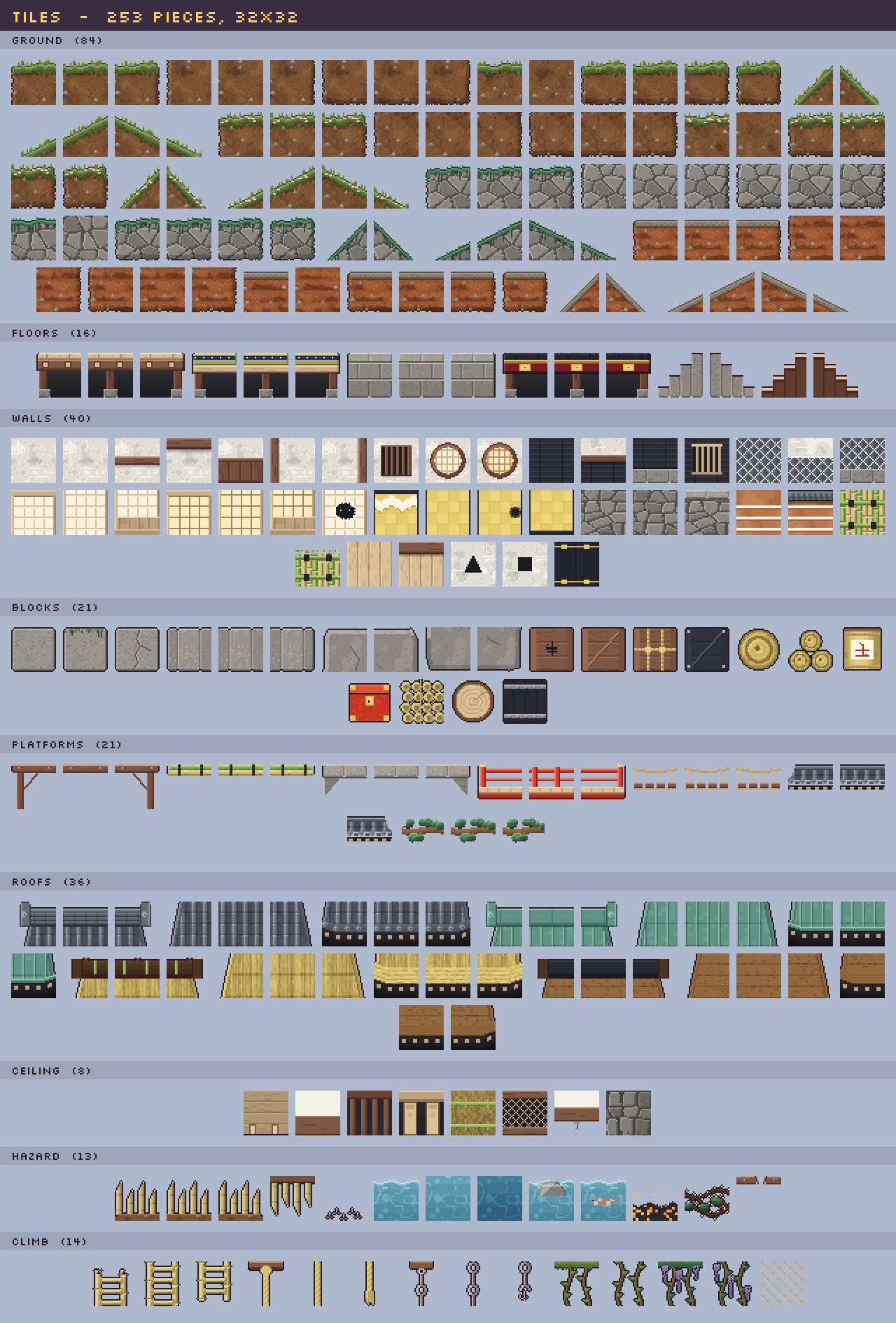 Feudal Japan Village - Side-Scroller Pixel Art Tileset (32x32) by bubbabba