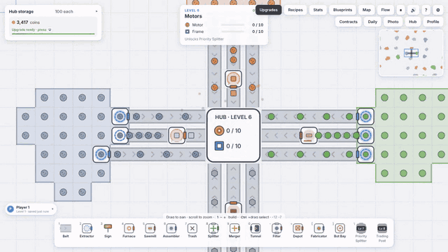 A Cuprea factory running: belts carrying ore into furnaces and assemblers around the Hub