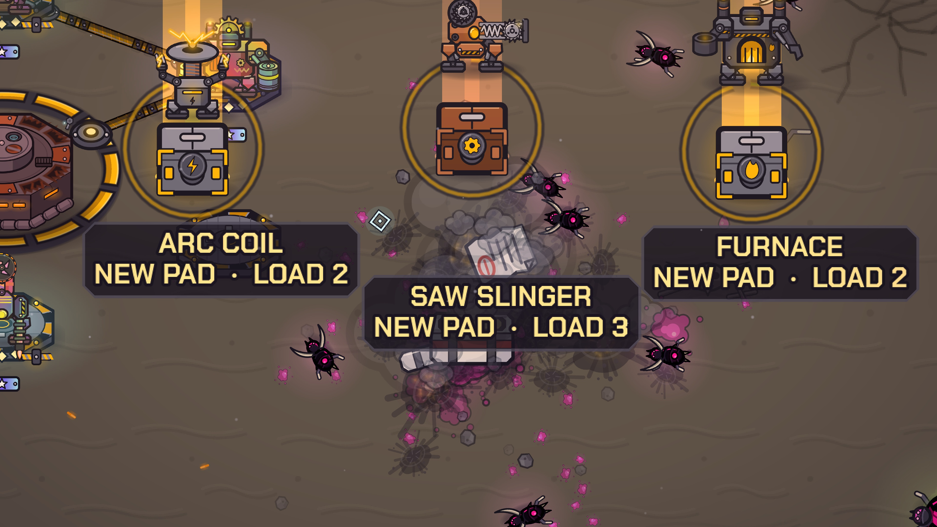 A crate opens: Arc Coil, Saw Slinger or Furnace