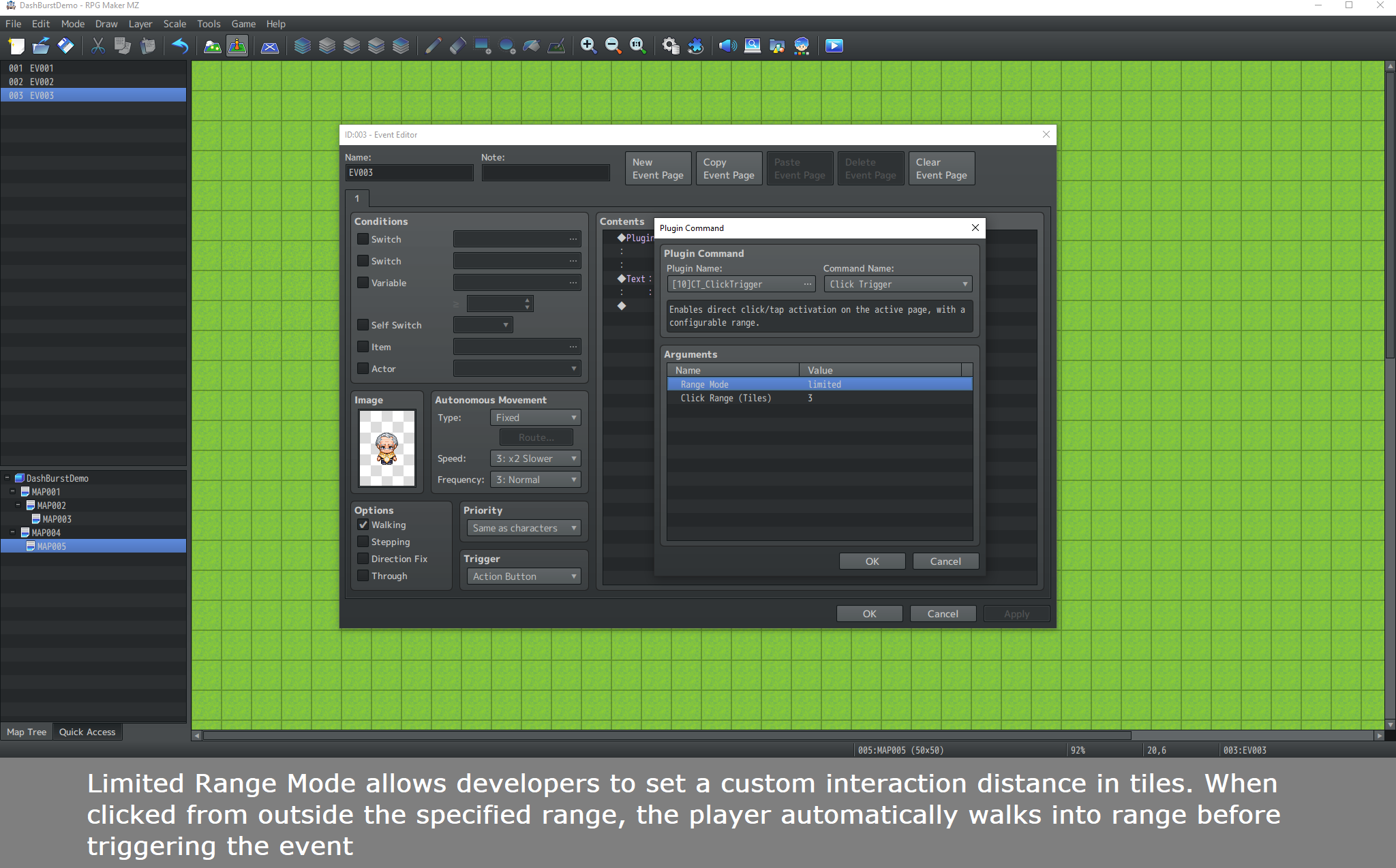 RPG Maker MZ Event Editor showing CT Click Trigger command set to Limited range with a three-tile click distance.