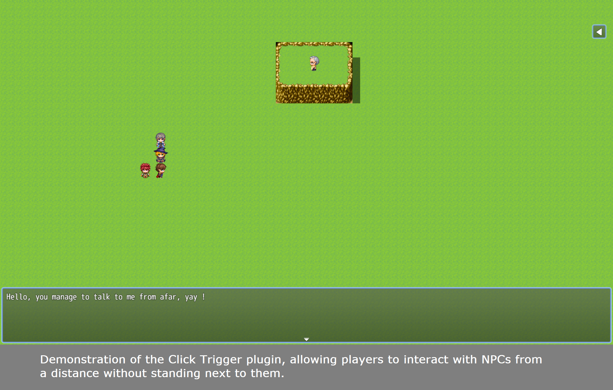 RPG Maker MZ gameplay showing dialogue with a distant NPC activated by the CT Click Trigger plugin.