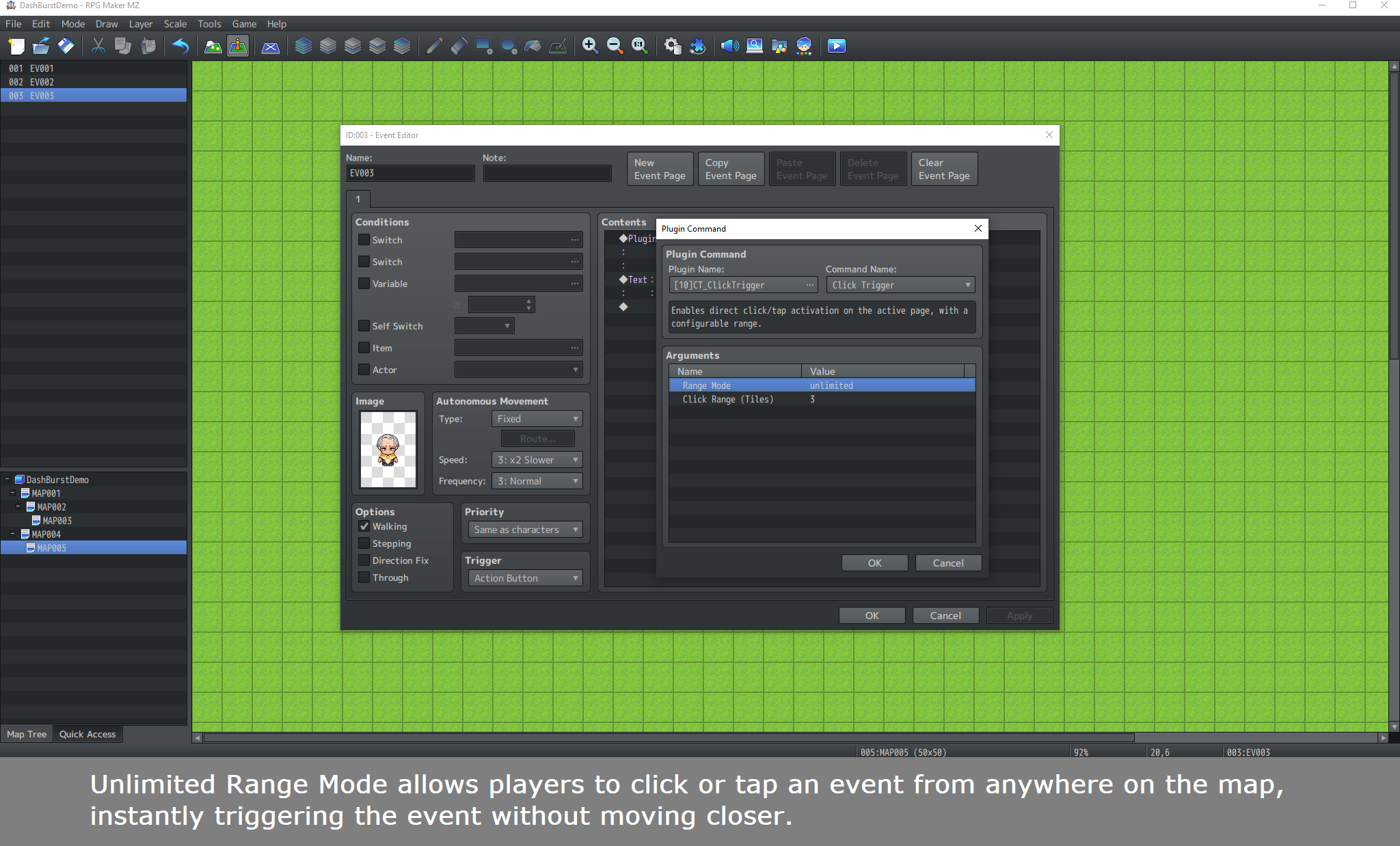 RPG Maker MZ Event Editor showing CT Click Trigger plugin command with Range Mode set to Unlimited.