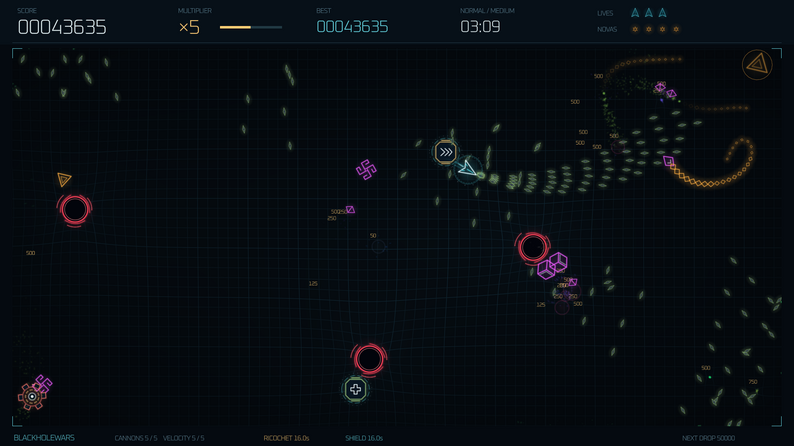 BlackholeWars showing the ship, enemy swarms and black holes bending the arena grid