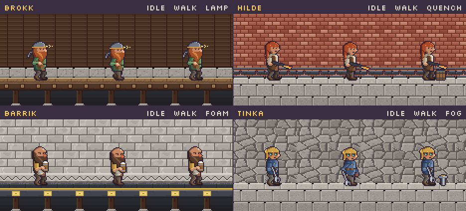 Four dwarves with idle, walk and quirk animations
