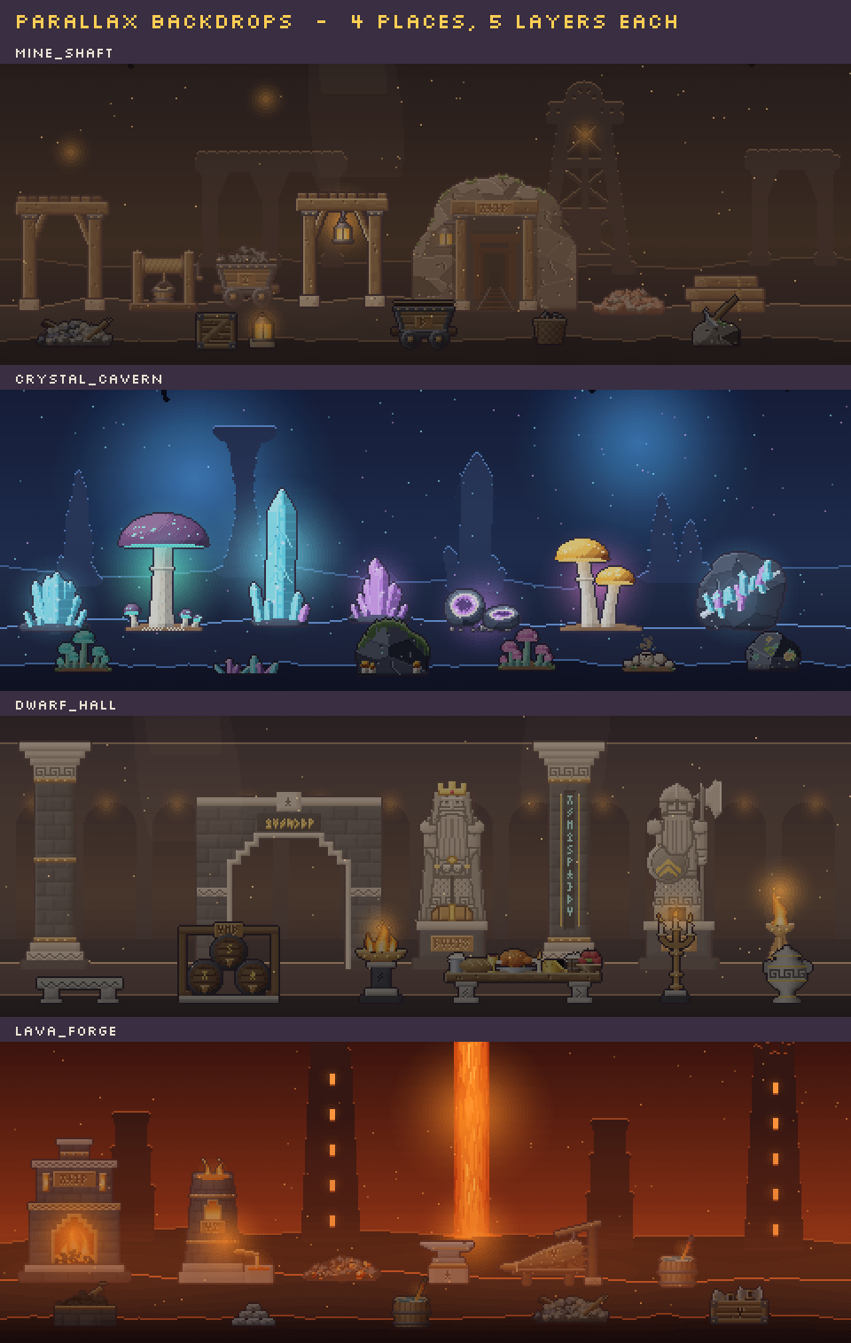 Mine shaft, crystal cavern, dwarf hall and lava forge backdrops