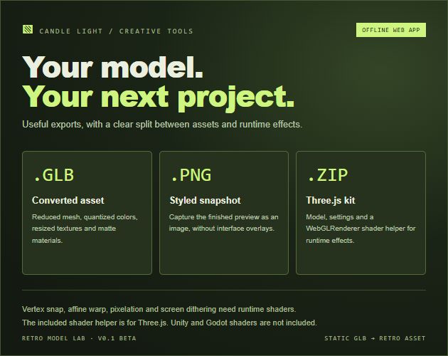GLB model, PNG snapshot and Three.js shader kit exports
