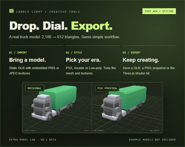 Truck example: import, style and export; 2,186 to 612 triangles