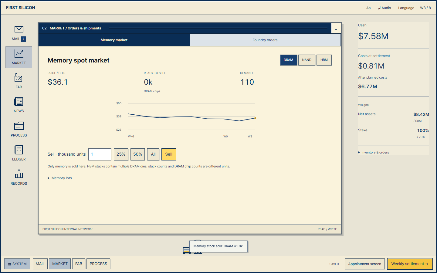 The DRAM spot market with price history, inventory, and partial-sale controls