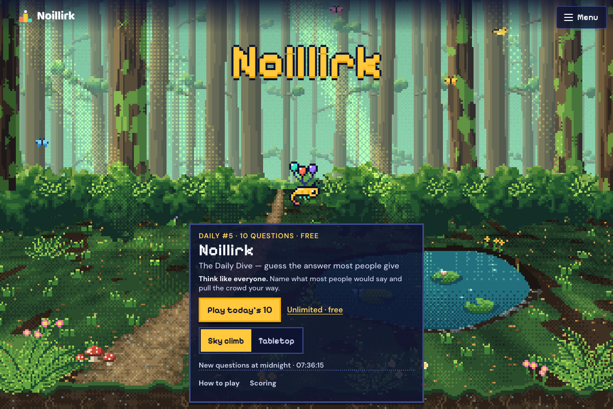 Real Sky Climb gameplay: the daily challenge begins beside a pixel-art forest pond