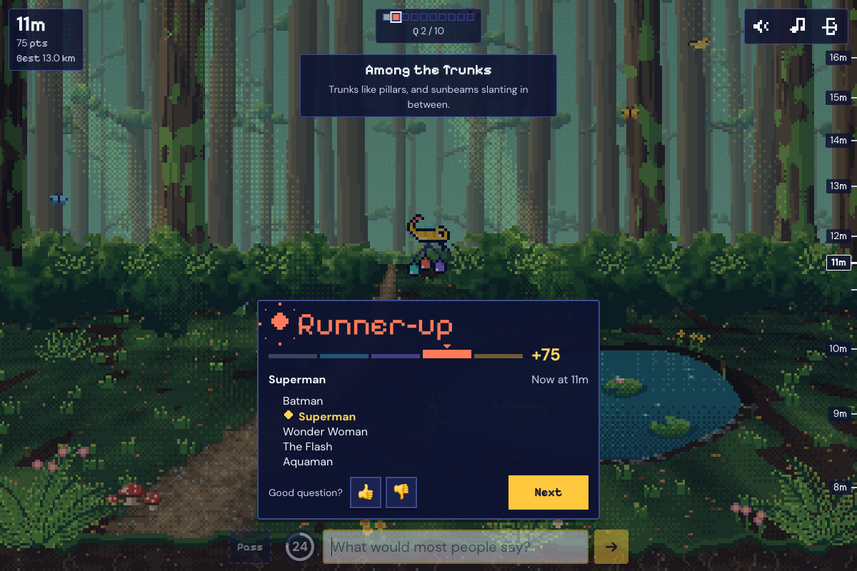 Actual answer reveal showing Superman as the runner-up answer, 75 points, and the krill rising through the forest