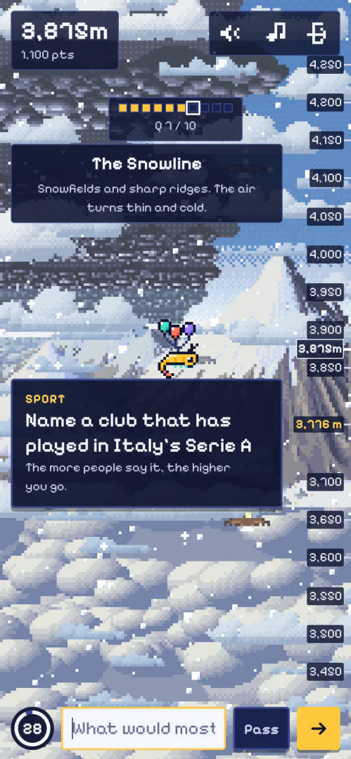 Actual mobile Sky Climb screenshot: the krill reaches the snowy mountains