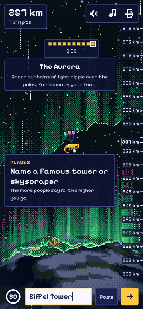 Actual mobile Sky Climb screenshot: an Unlimited run reaches the aurora above Earth