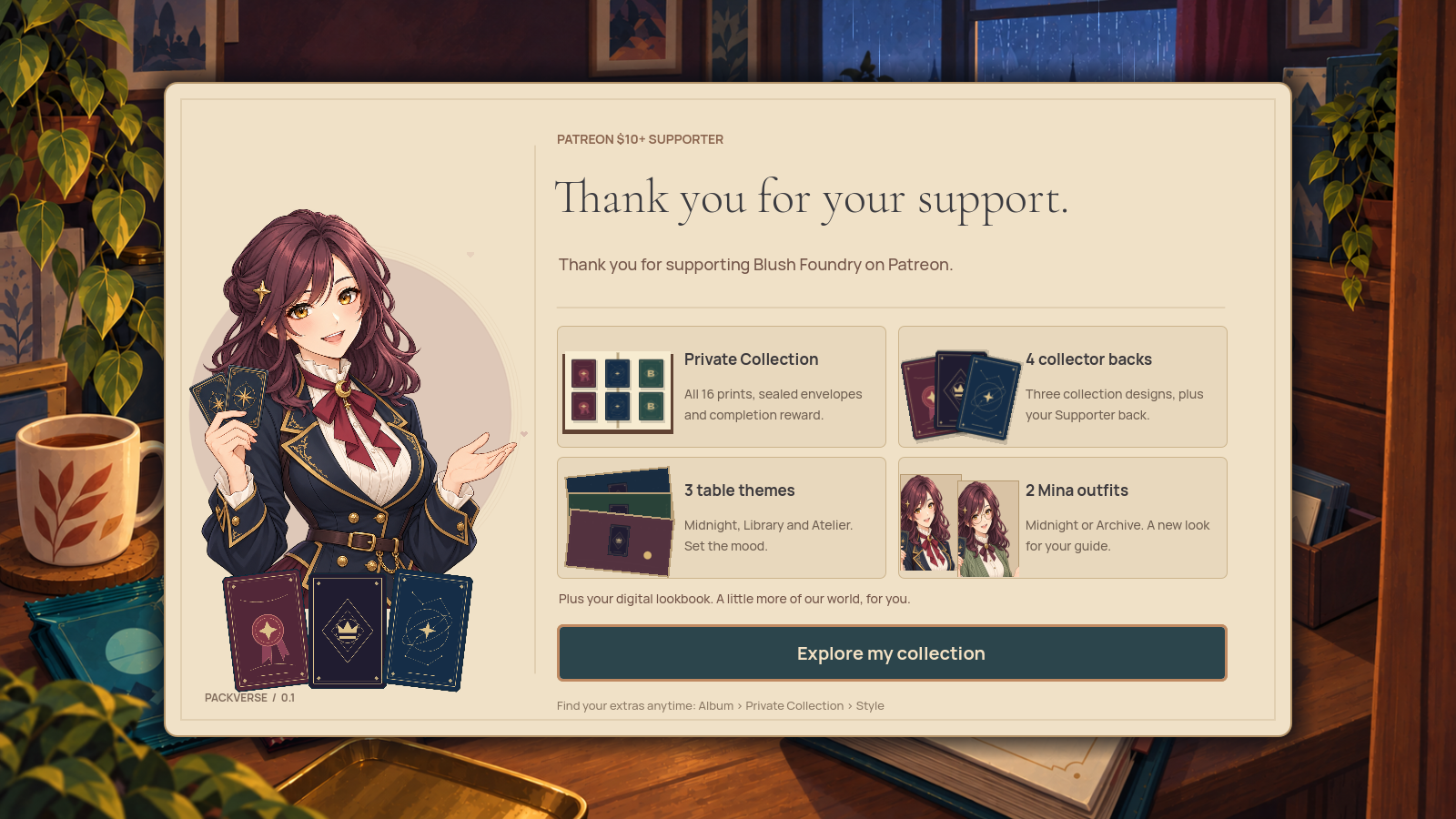 Actual Collector supporter welcome screen showing the Private Collection and cosmetic extras.