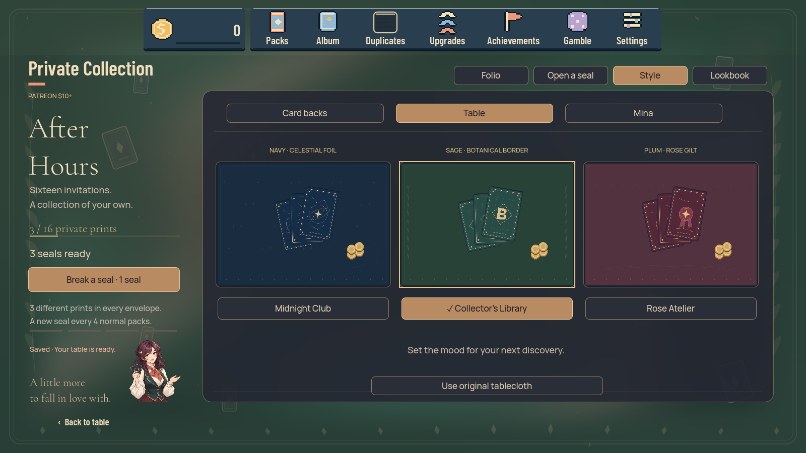 Actual Collector table-theme selection screen.