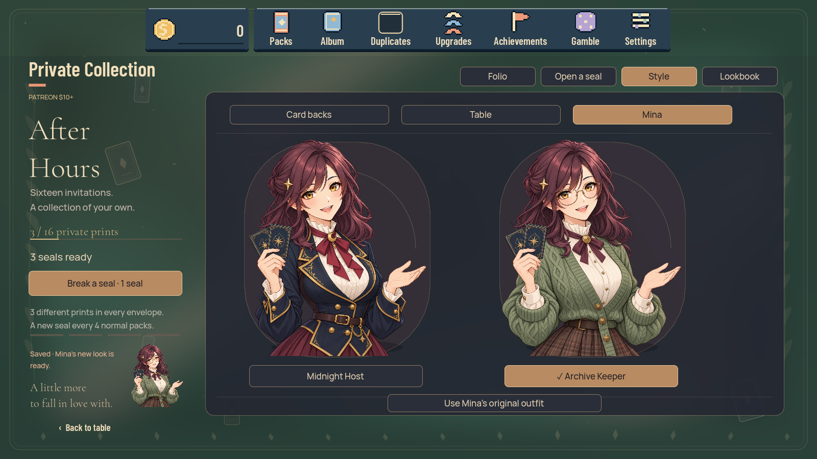 Actual Collector Mina-outfit selection screen.