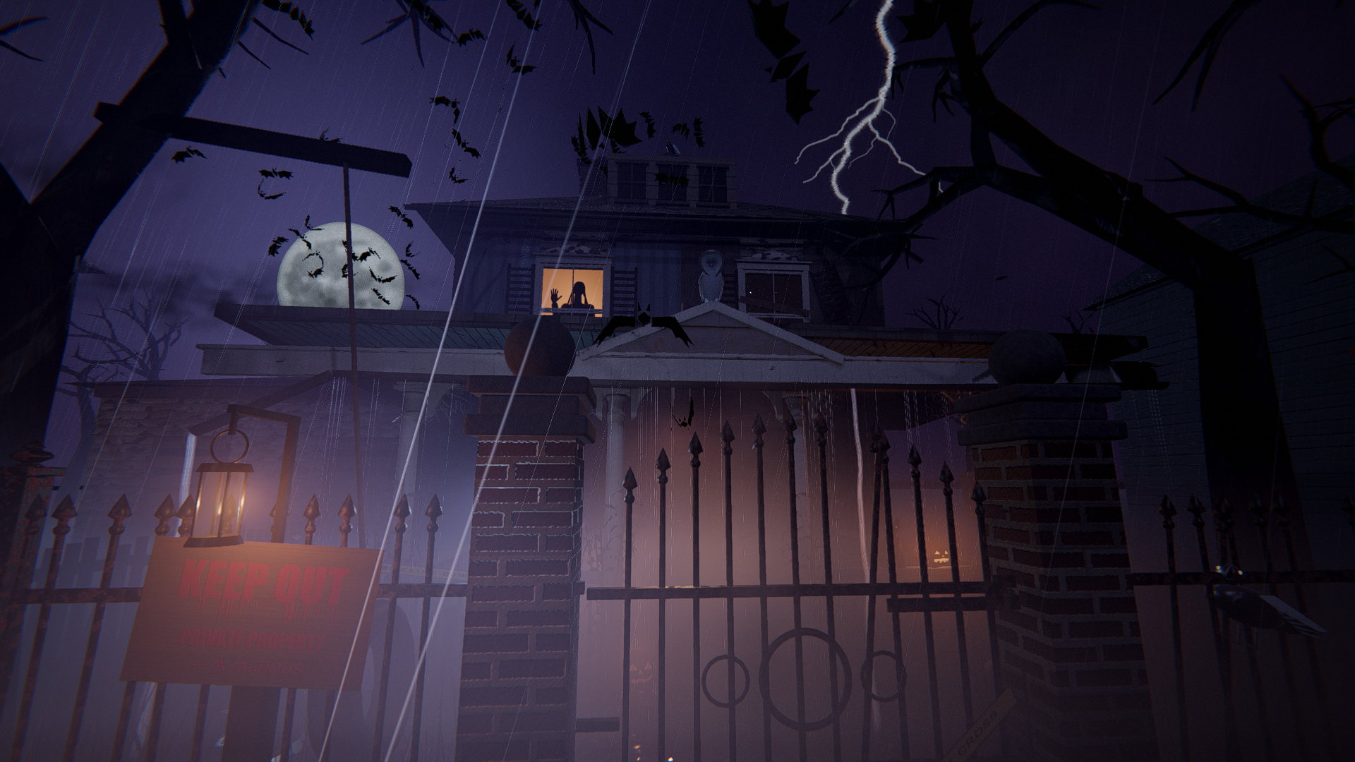 The Blackwood house under a storm, lightning over the roof