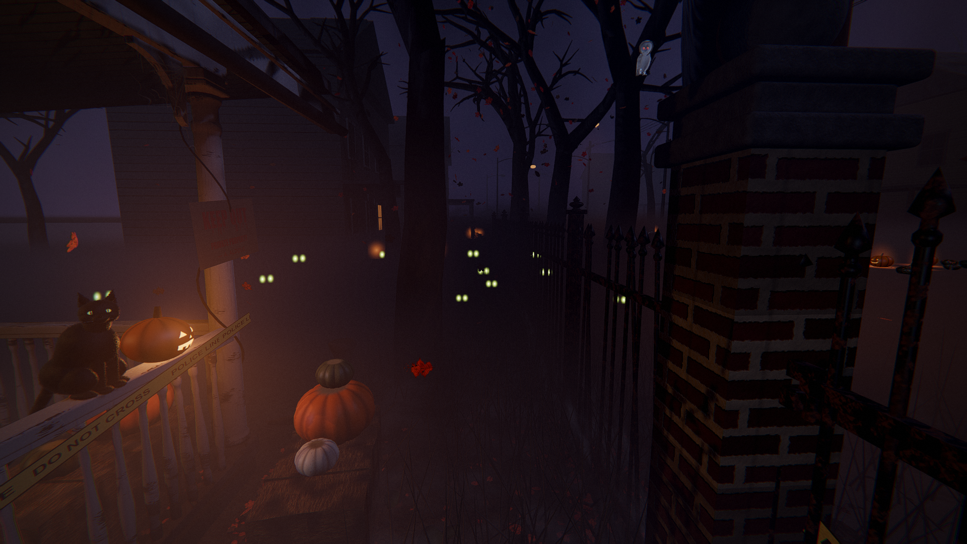 The porch at night, a lit pumpkin on the steps