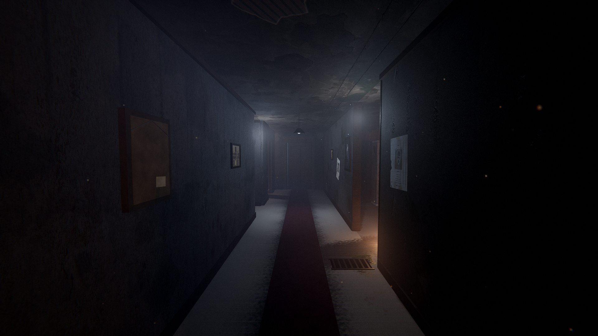 A long dark hallway with a red runner