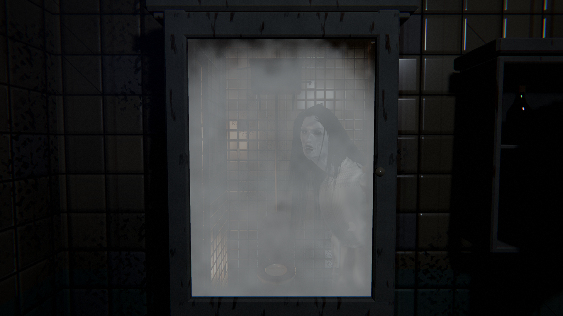 A fogged window with a face behind the glass