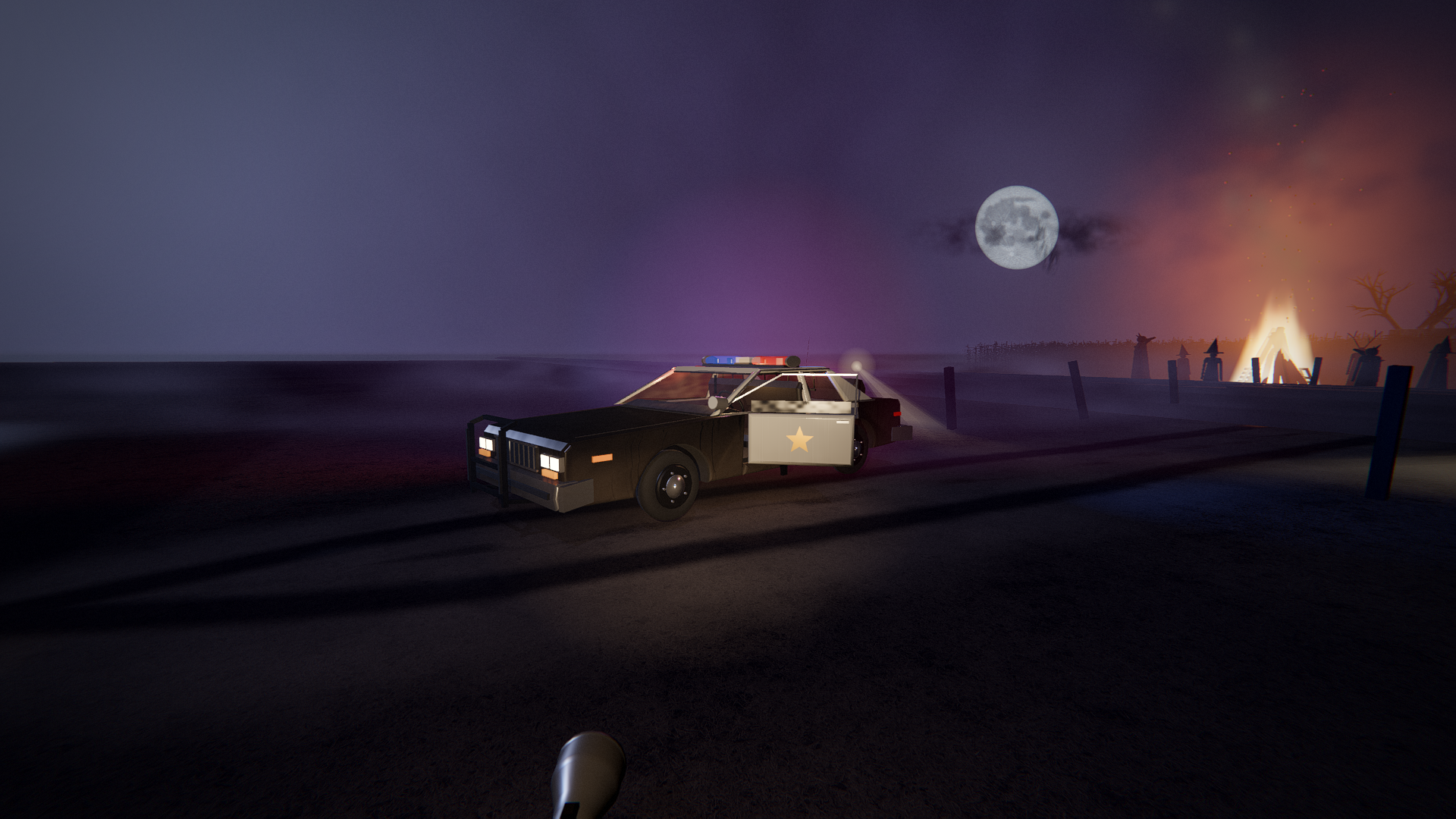 The abandoned patrol car, door open, moon rising over the fields