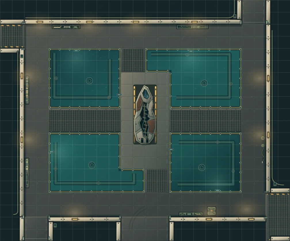Siltline Recovery Bay map, showing a damaged craft, pools and crossing bridges